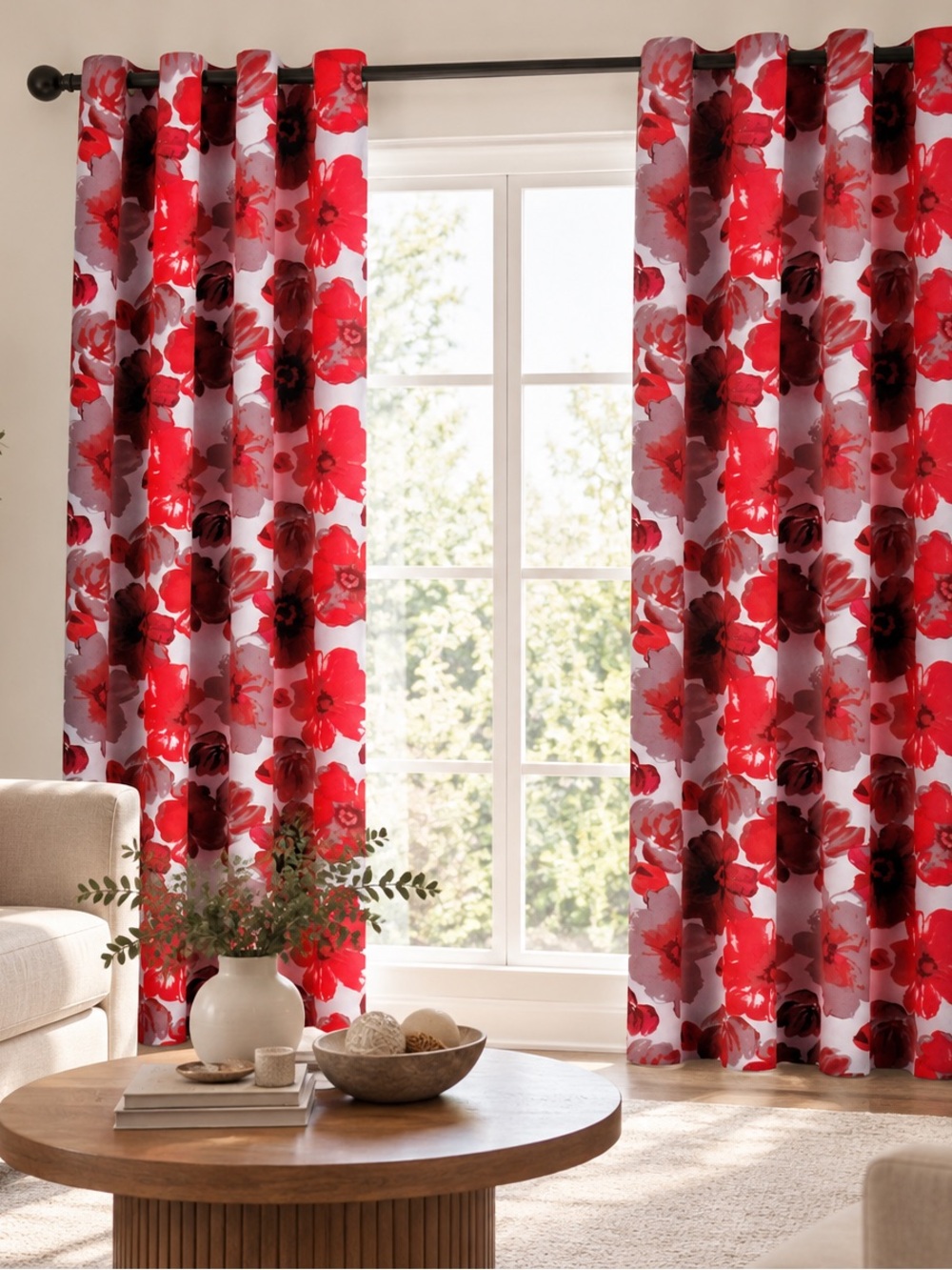 Red Floral Blackout set Grommet Curtains